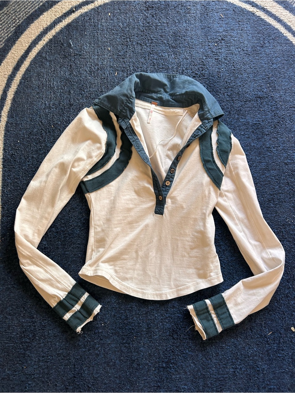 Free People Cream Henley Top with Dark Blue Trim